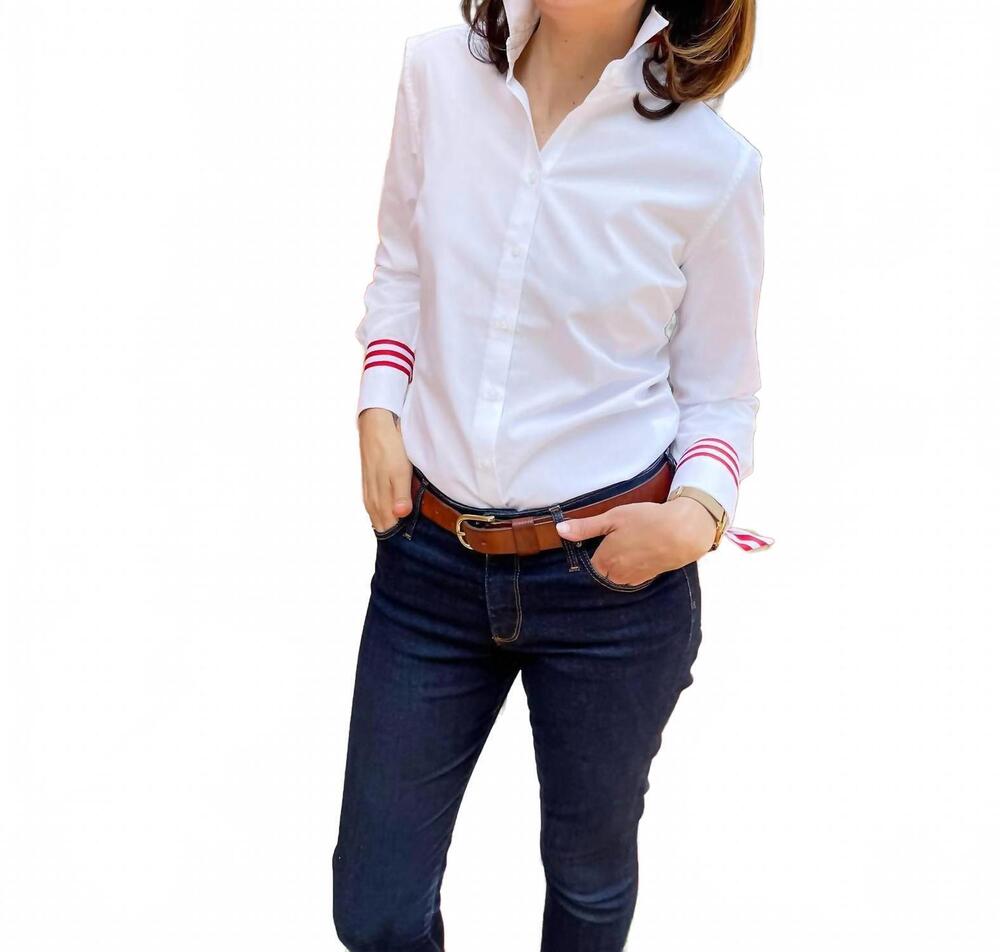 NEW PEARLY VINE french cuff shirt in white w/red & white stripe ribbon